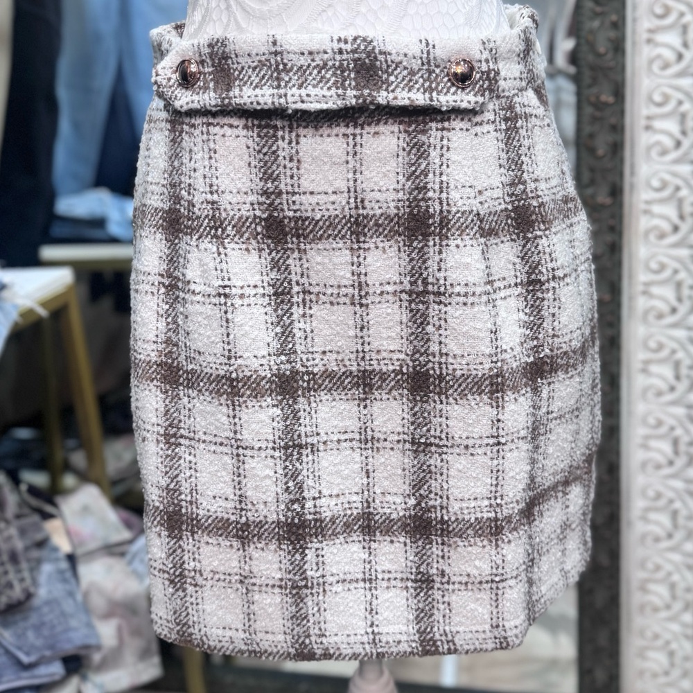 Plaid Boucle Skirt with Pockets - Ivory Mocha